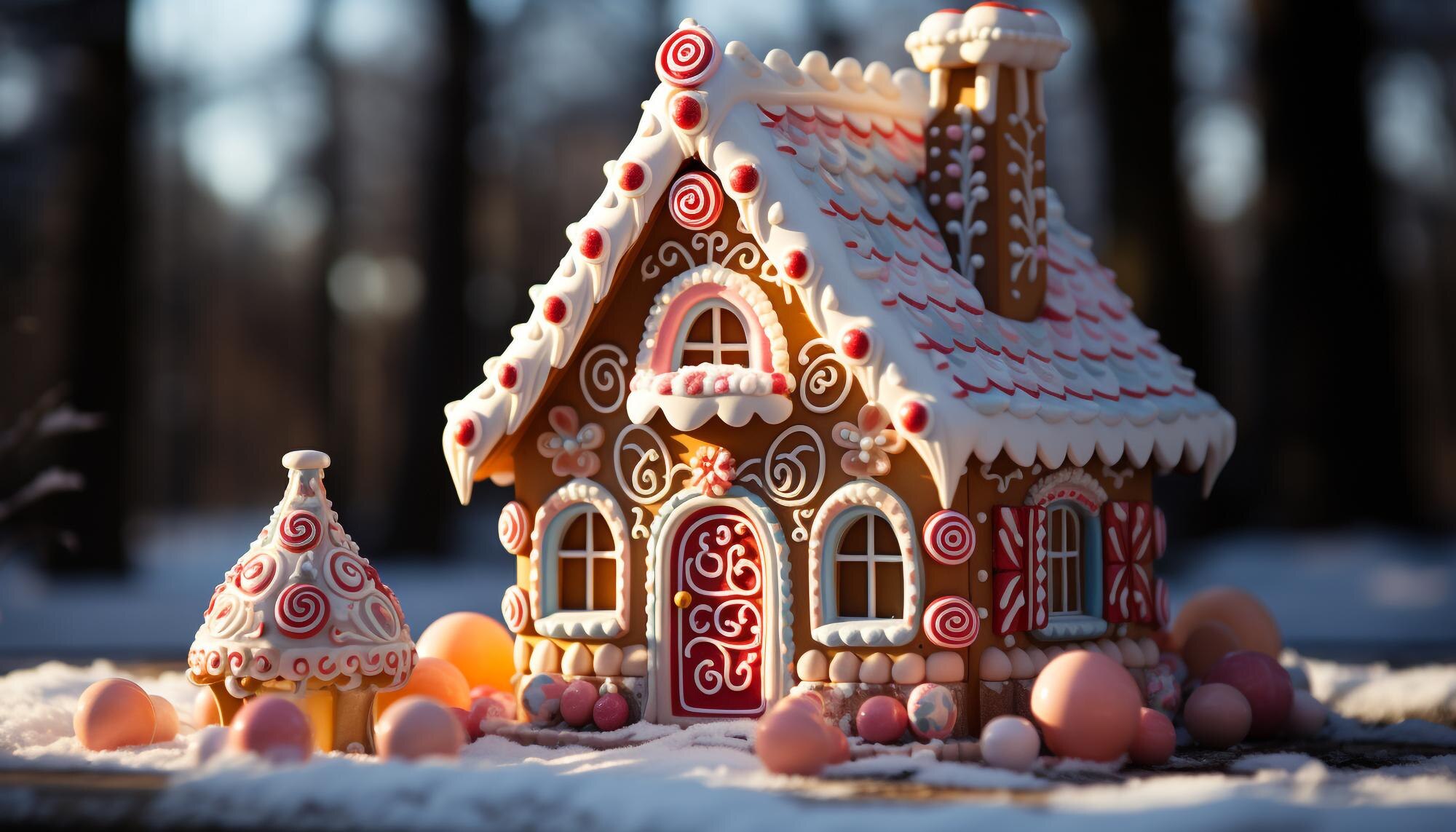 Completed gingerbread house with candy decorations, royal icing, and festive snowy background.