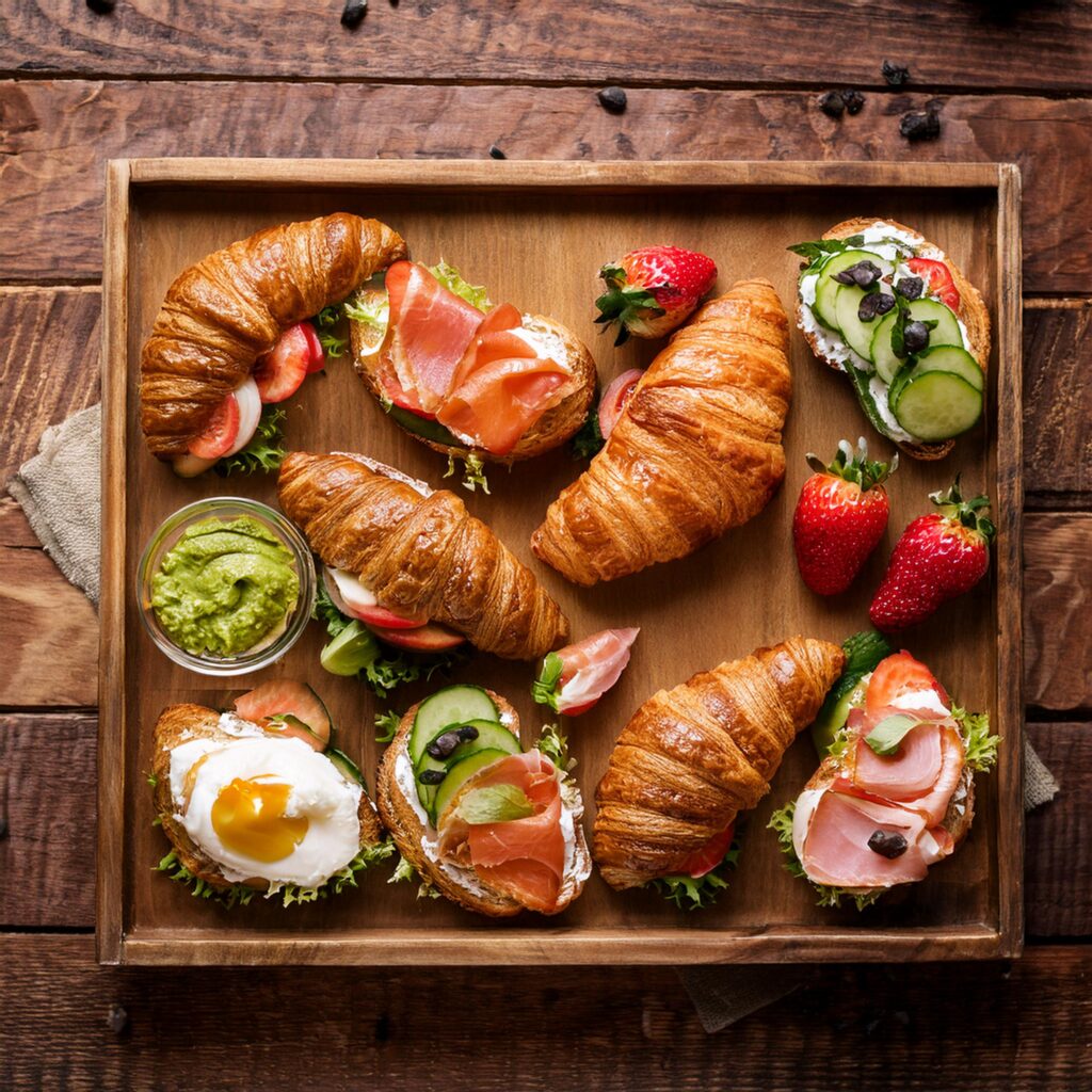 An assortment of breakfast croissant sandwiches with savory, vegetarian, and sweet fillings on a rustic wooden table.