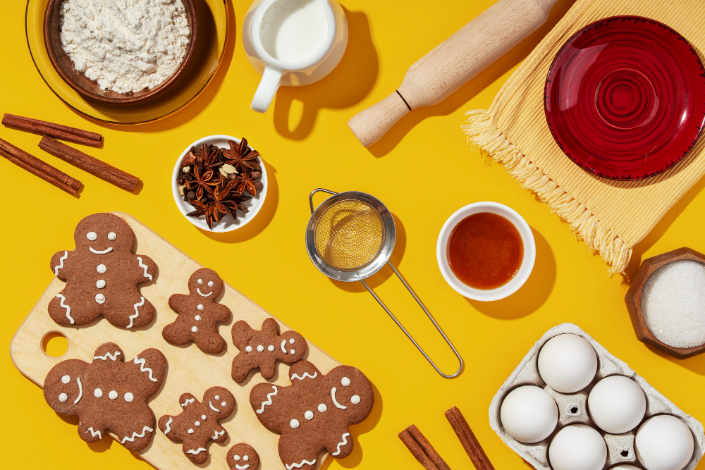 Flat lay of gingerbread house ingredients, including flour, spices, molasses, and eggs