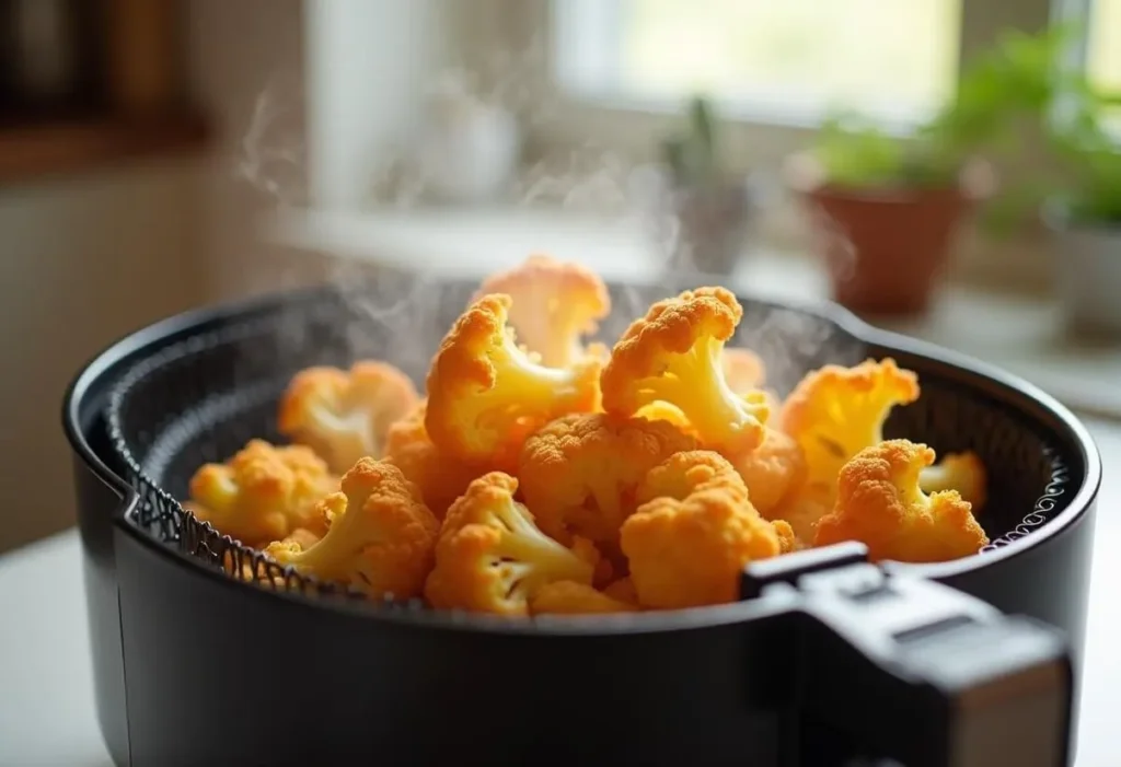 Golden cauliflower crust inside an air fryer.