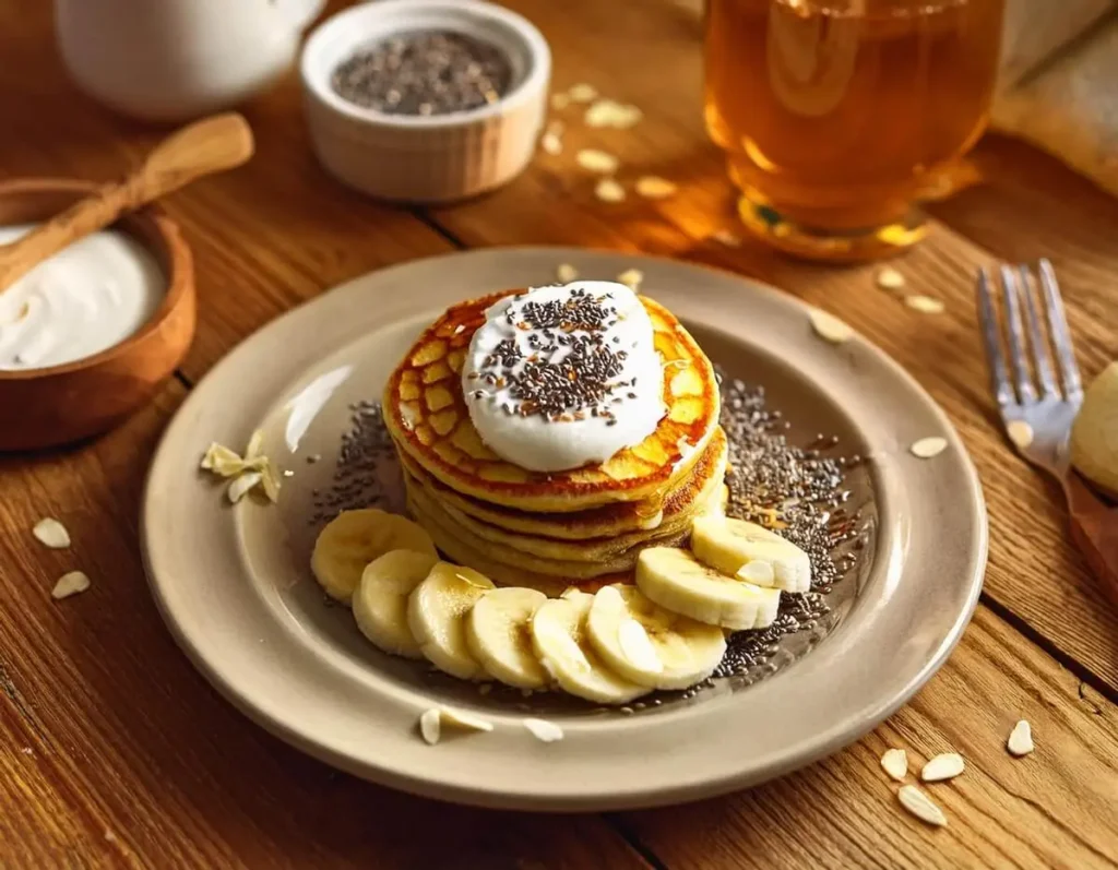 Almond flour pancakes with Greek yogurt and banana slices for a healthier breakfast.