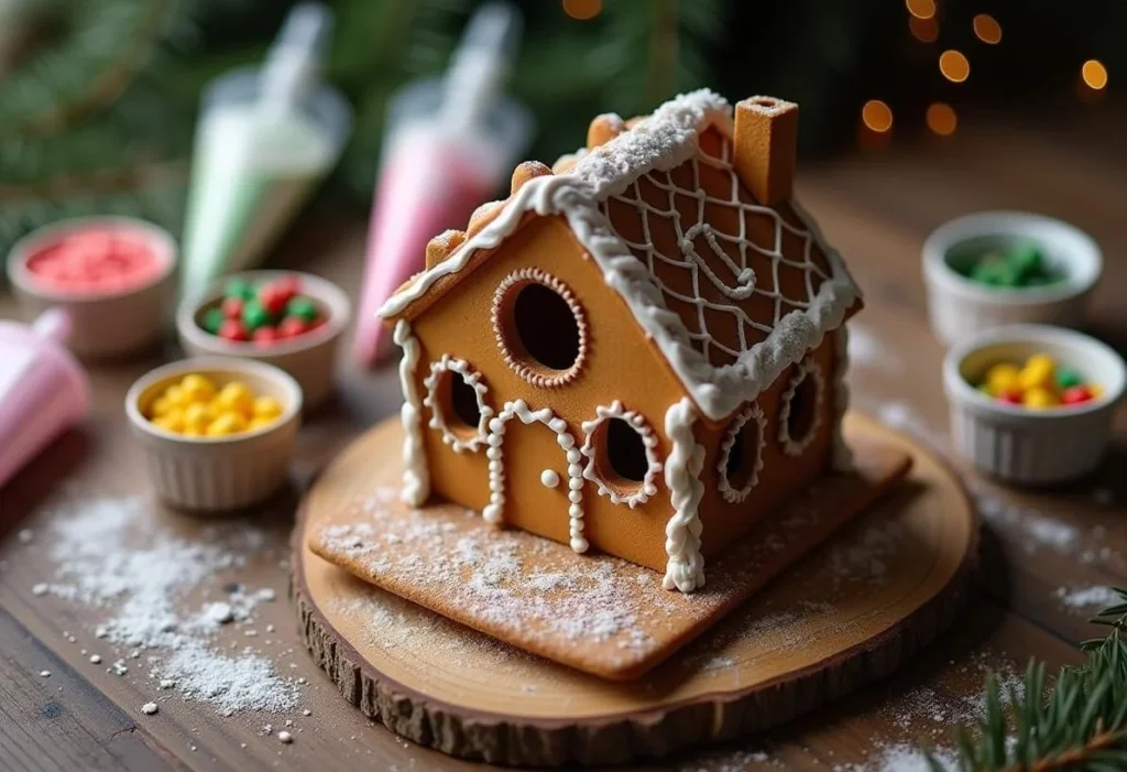 A partially assembled gingerbread house with candy and icing tools.