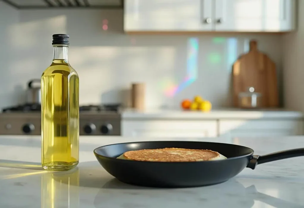 Healthy pancake cooking using avocado oil in a non-stick skillet.