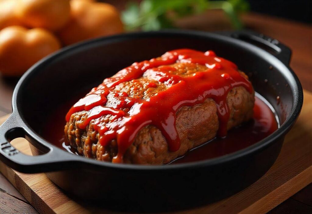 Baked meatloaf with ketchup glaze and a meat thermometer reading 160°F.