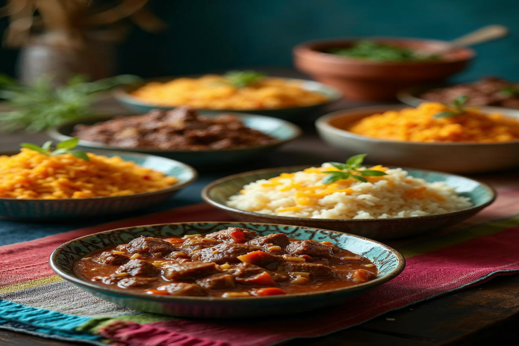 A colorful spread of beef and rice dishes, including bowls and casseroles.