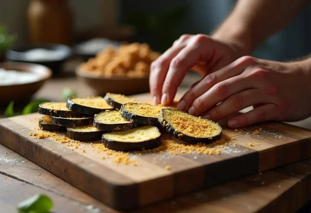 Hands breading eggplant slices using aquafaba and breadcrumbs.