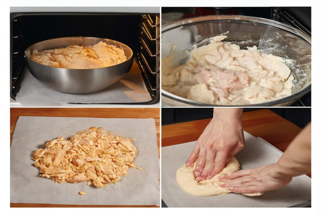 Step-by-step process for making canned chicken pizza crust, including draining, mixing, and baking.