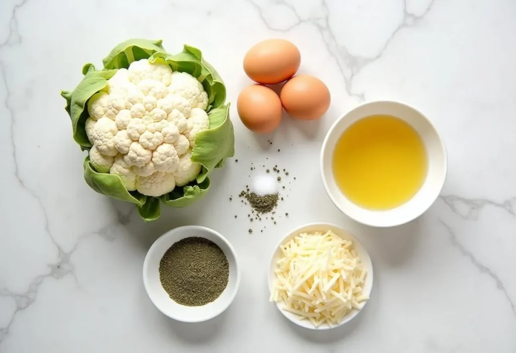 Ingredients for making a cauliflower crust pizza on a marble countertop.