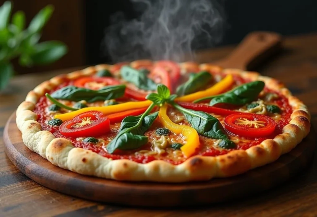 A freshly baked cauliflower crust pizza with vegetable toppings.