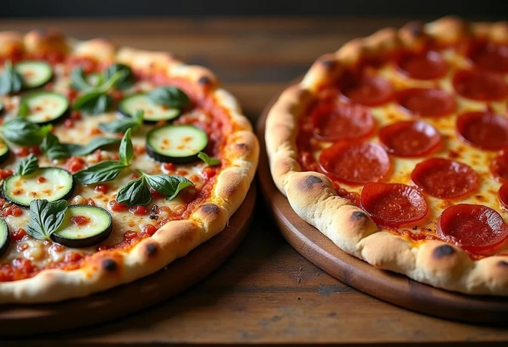 Cauliflower crust pizza compared to a regular pizza crust with toppings.