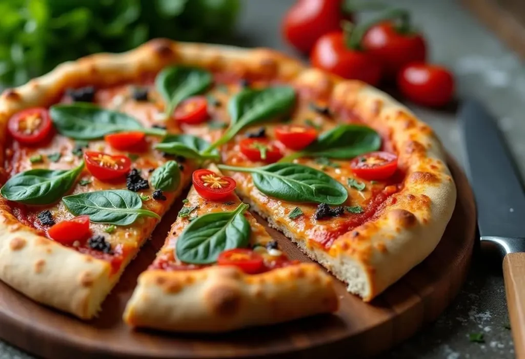 A cauliflower pizza crust topped with fresh vegetables.