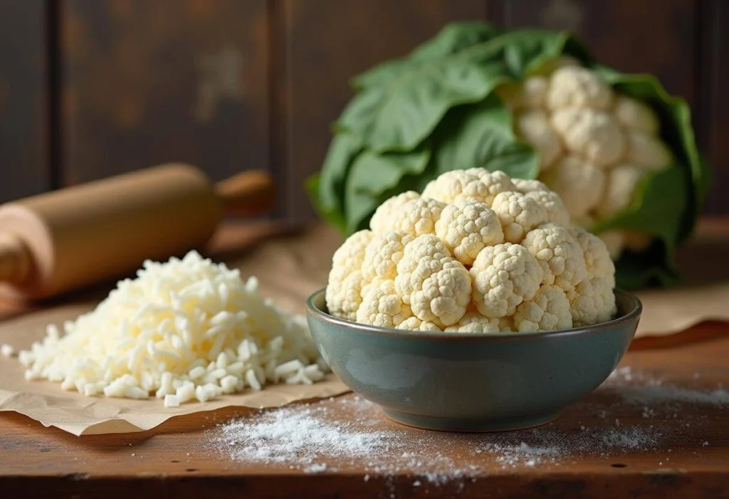 Fresh cauliflower and riced cauliflower for healthy pizza crust preparation.