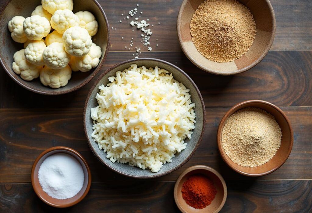 Ingredients for vegan cauliflower pizza crust on a wooden surface.