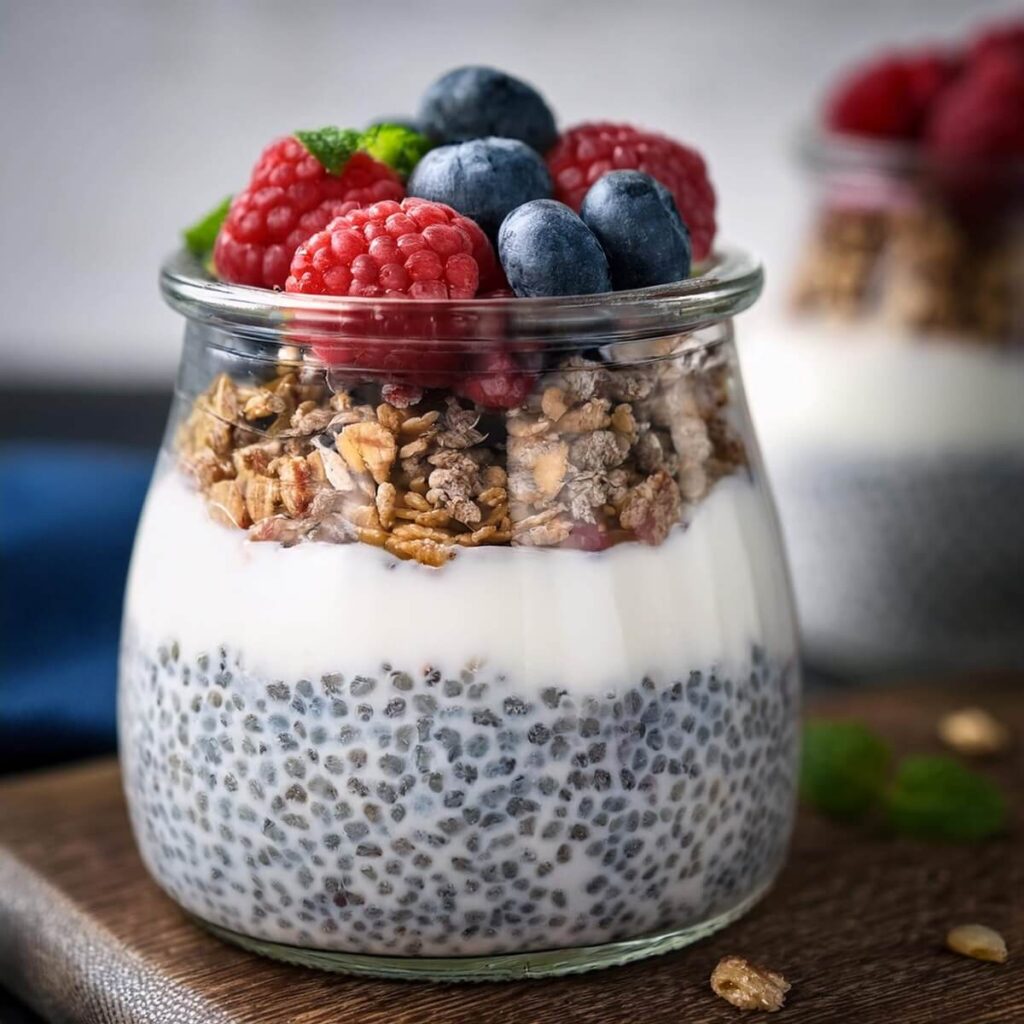 Layered chia pudding with coconut yogurt, fresh berries, and granola, a delicious example of vegan breakfast recipe ideas.