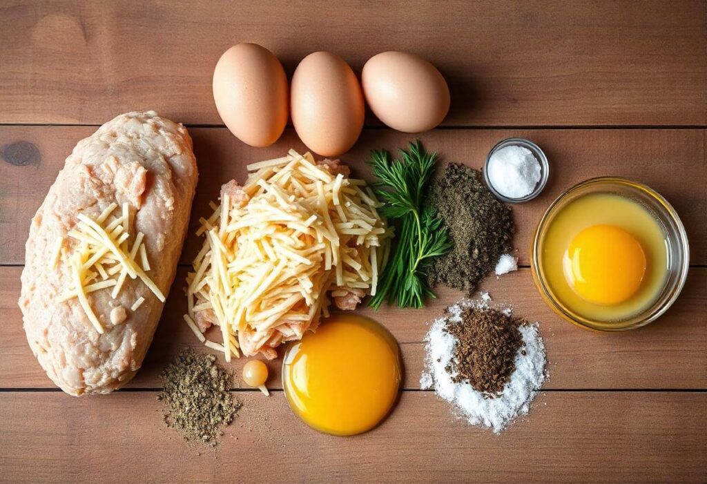 Ingredients for a protein-rich pizza base, including chicken, eggs, cheese, and seasonings