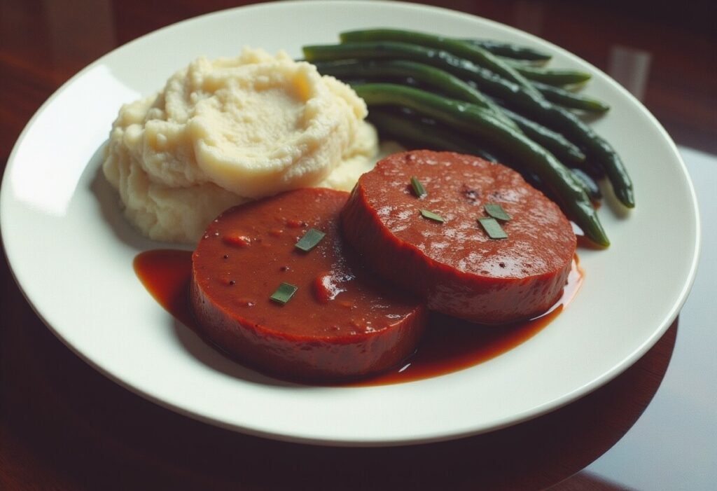 Classic meatloaf served with mashed potatoes and green beans.