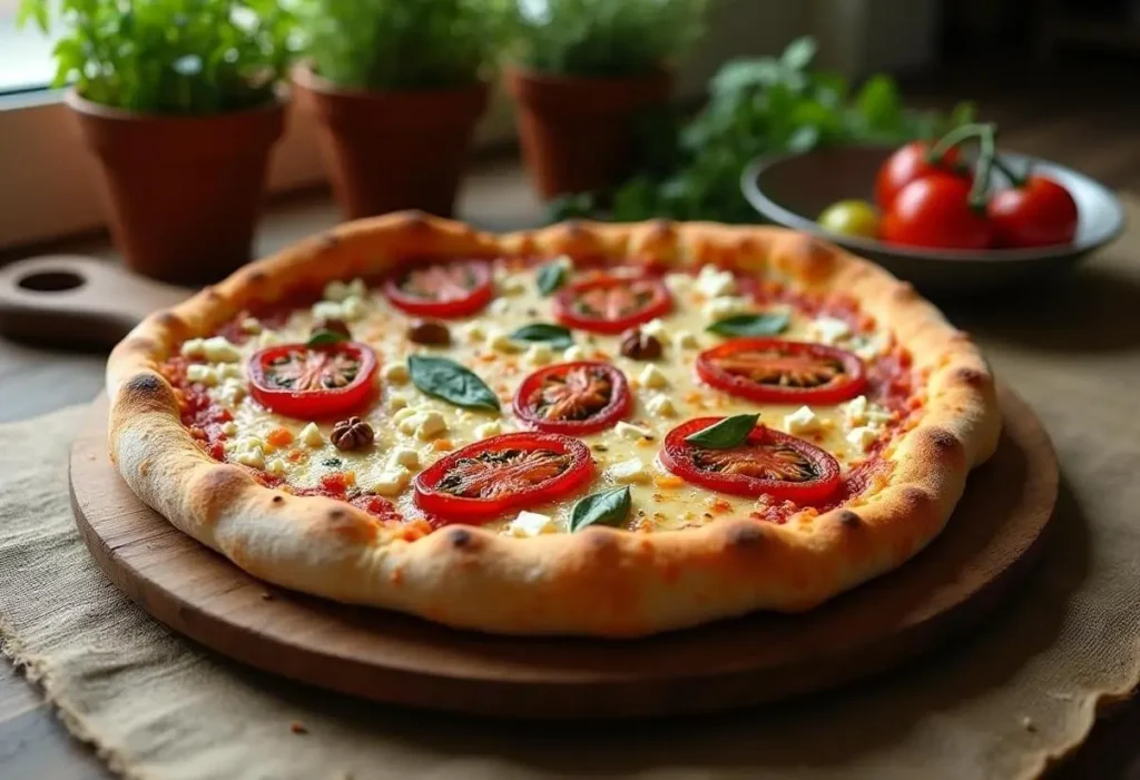 A finished homemade pizza with a crispy crust on a wooden board.