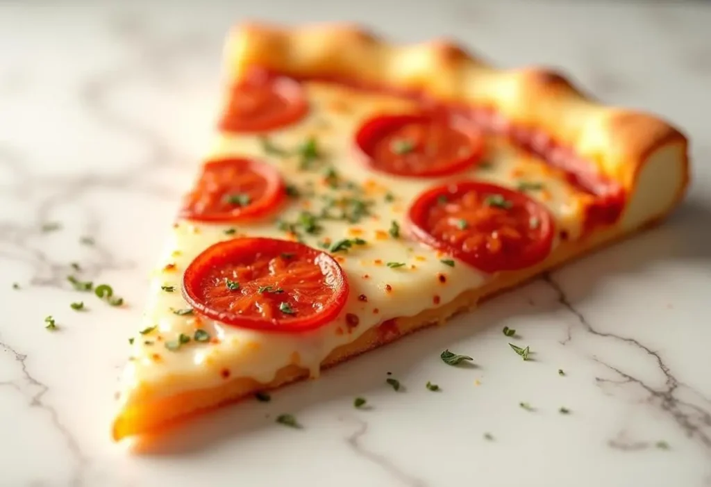 Close-up of a pizza slice with a golden crispy crust.