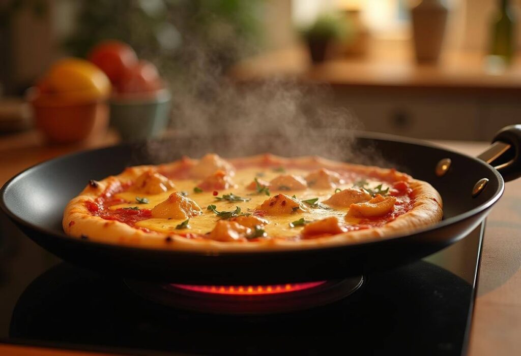 Crisping a chicken pizza slice on a skillet.
