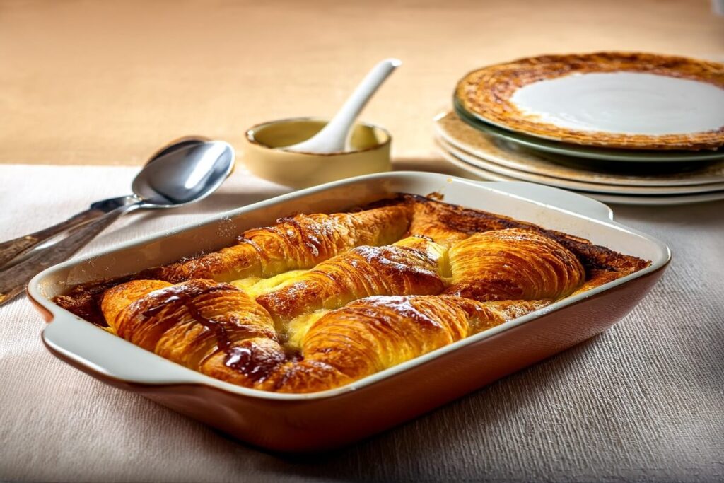 Golden-brown croissant French toast bake served in a casserole dish, perfect for brunch gatherings.