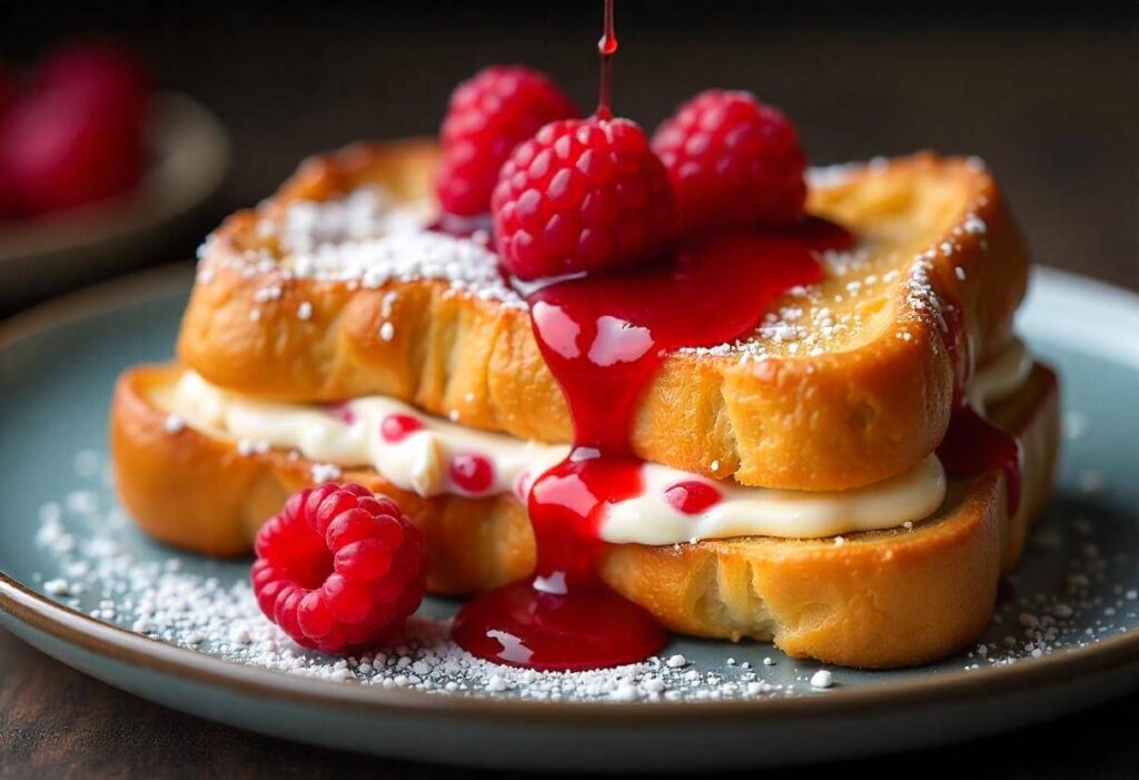 Croissant French toast filled with cream cheese and topped with raspberry compote.