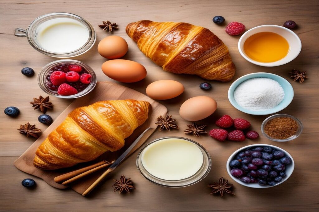 Ingredients for croissant French toast arranged on a wooden surface, including croissants, eggs, and milk.