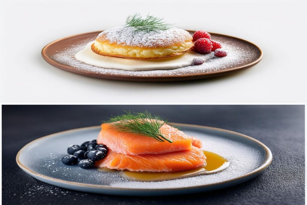 Two plates of croissant French toast: one sweet with berries and syrup, the other savory with smoked salmon and dill