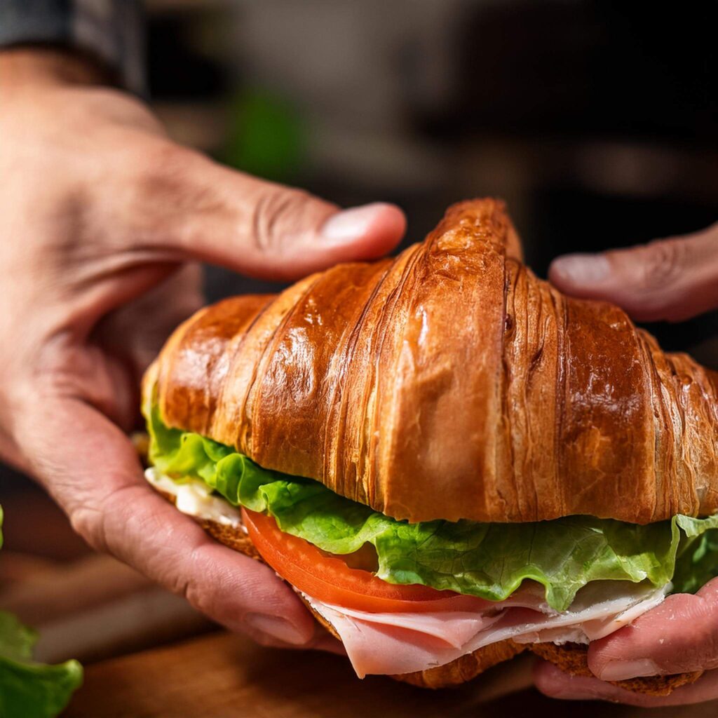 Step-by-step process of assembling a croissant sandwich with egg, cheese, and bacon.