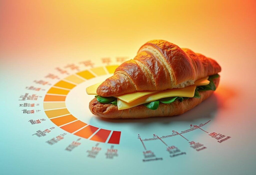 A calorie chart comparing common croissant sandwich fillings like eggs, cheese, bacon, and vegetables