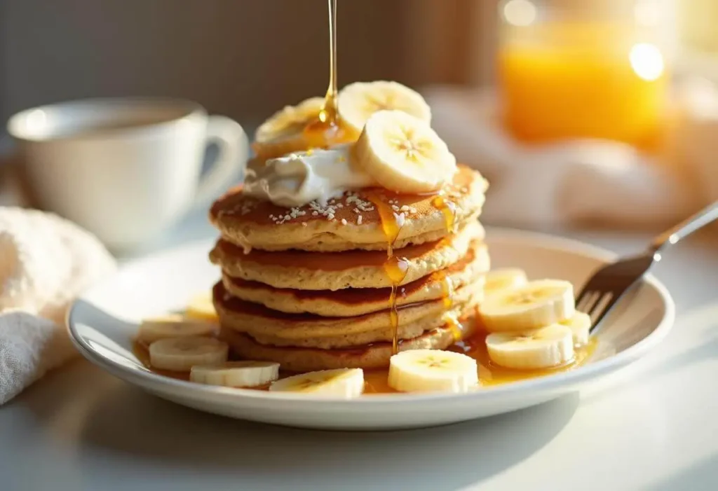 Dairy-free oat pancakes topped with coconut yogurt and bananas.