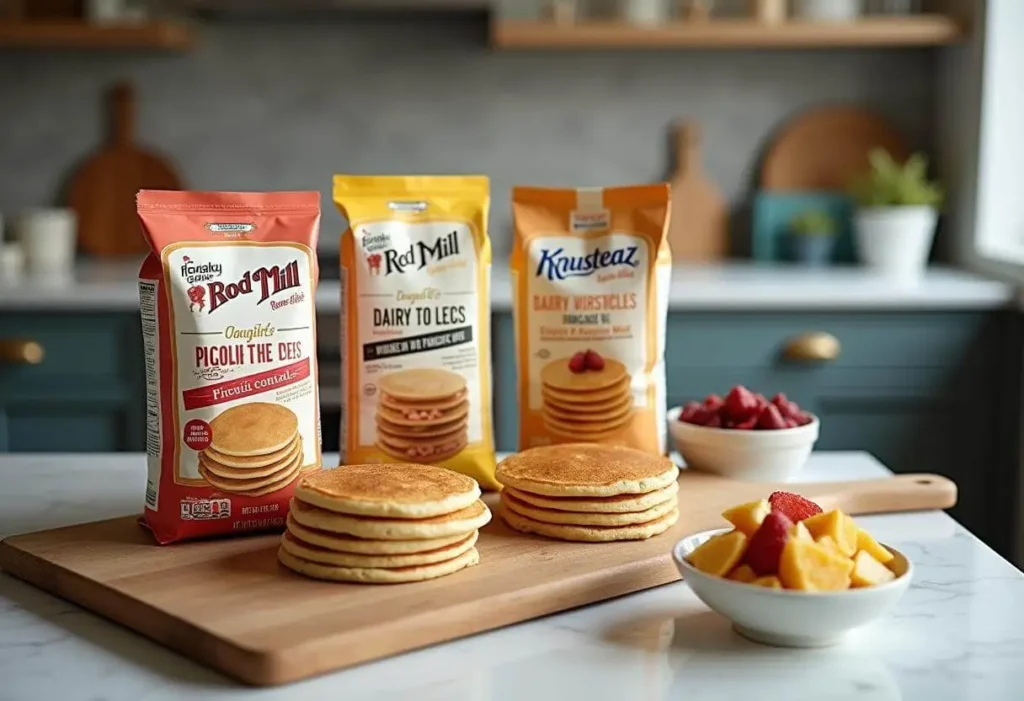 Store-bought dairy-free pancake mixes on a kitchen counter