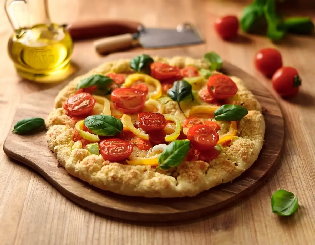 A golden-brown cauliflower pizza crust topped with fresh vegetables.