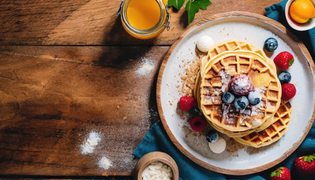 Dairy-free pancakes with fresh blueberries, strawberries, and maple syrup