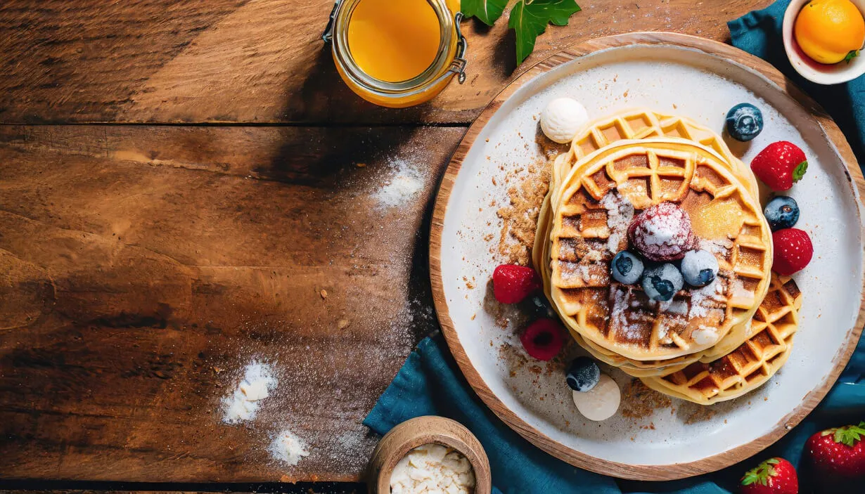 Dairy-free pancakes with fresh blueberries, strawberries, and maple syrup