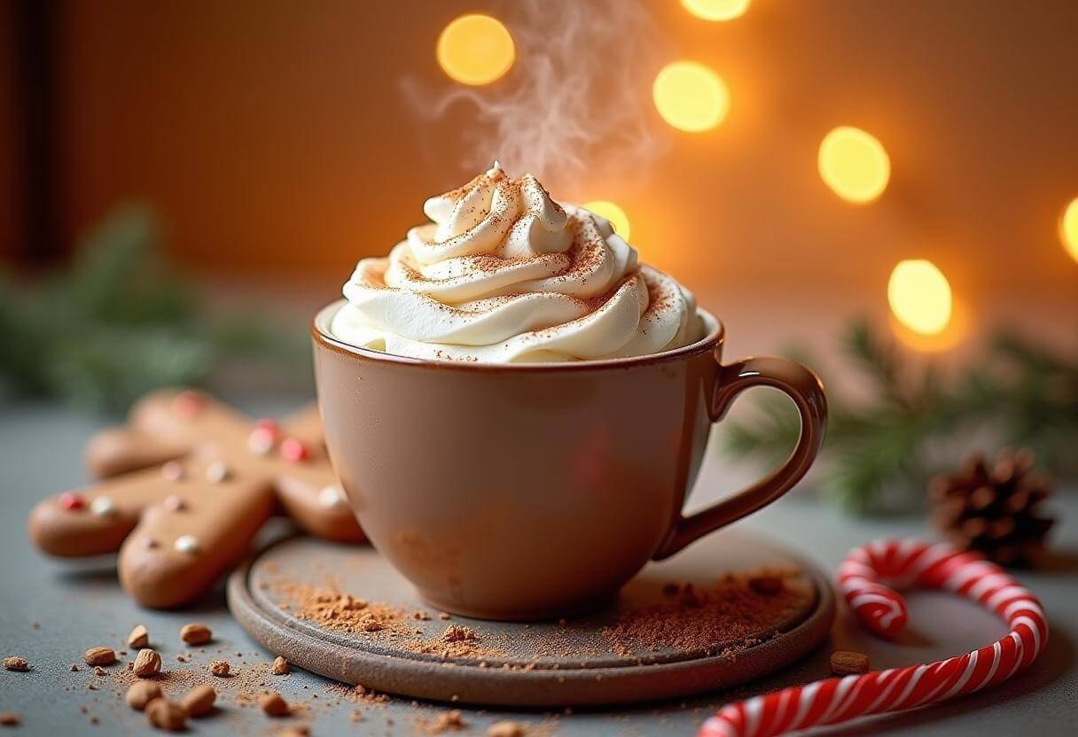 A cup of gingerbread hot chocolate with whipped cream and cinnamon in a festive holiday setting.