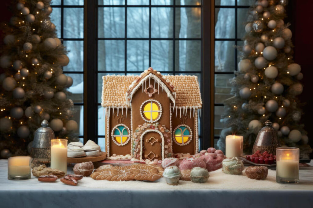 Festive gingerbread house centerpiece with colorful candy decorations.