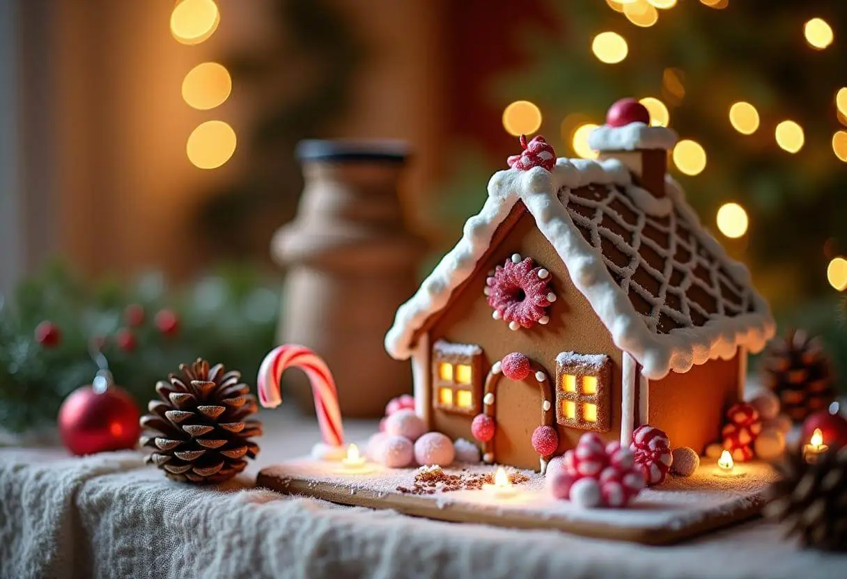 A festive gingerbread house on a holiday-themed table.