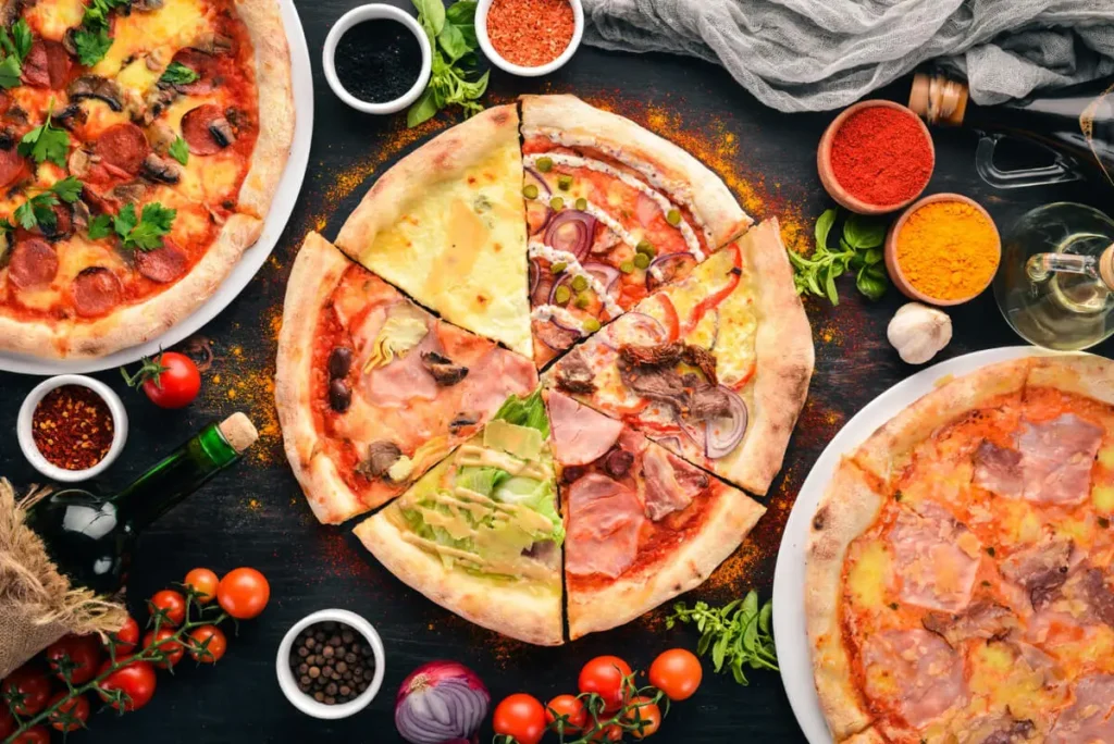 Freshly baked pizza showing bread flour and all-purpose flour crusts side by side.