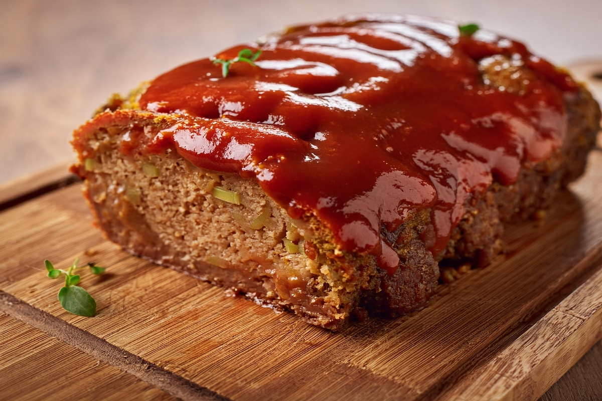 A golden-brown meatloaf with a ketchup glaze, garnished with parsley.