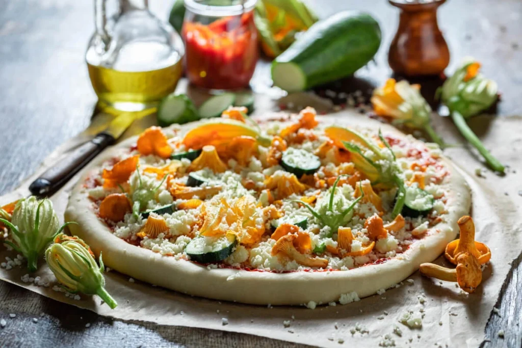 Whole vegan cauliflower pizza with a golden crust and fresh toppings.