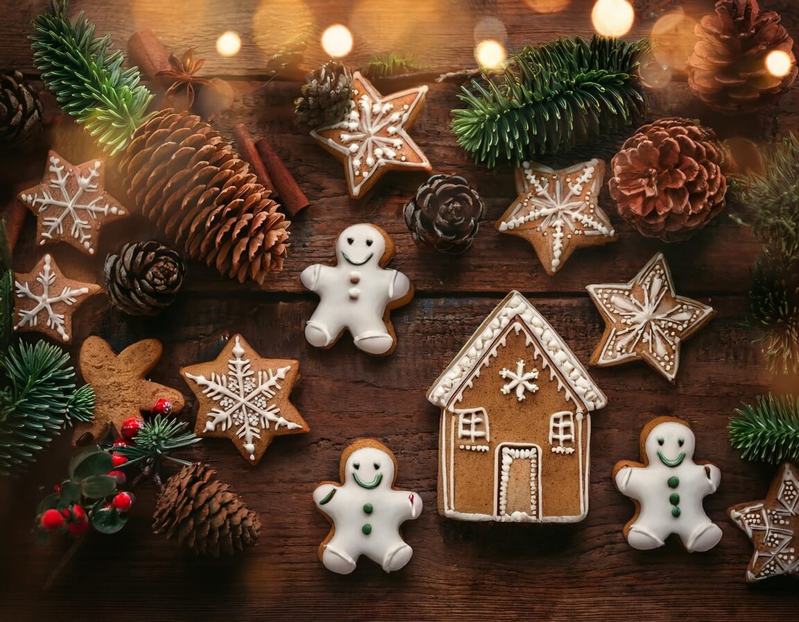 A festive display of gingerbread men and a gingerbread house with holiday decorations.