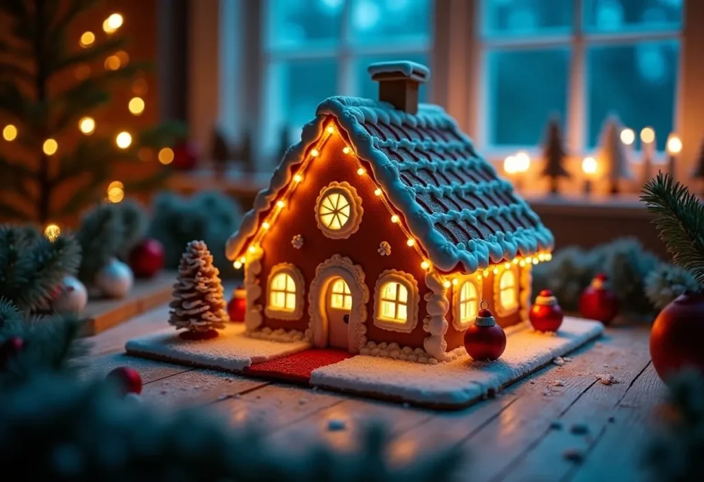 A festive gingerbread house surrounded by Christmas decorations.