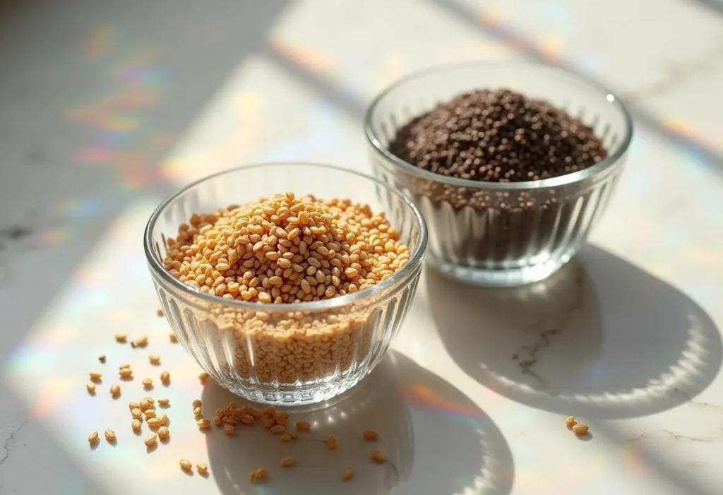 Bowls of flaxseeds, chia seeds, and their gel-like mixtures for vegan cooking.