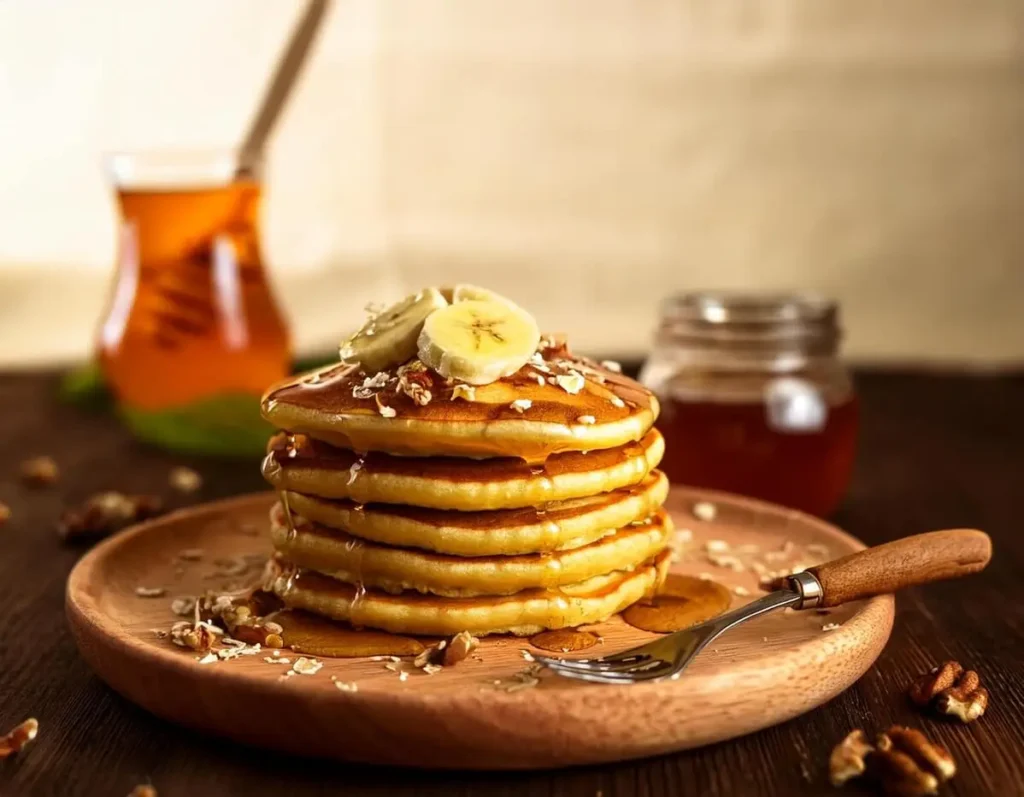 Flourless banana pancakes with walnuts and honey.