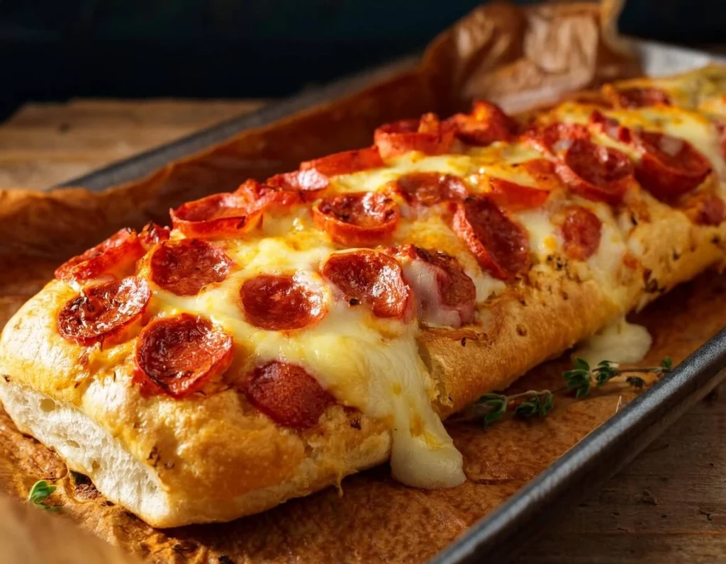 A French bread pizza with melted mozzarella, marinara, and pepperoni.