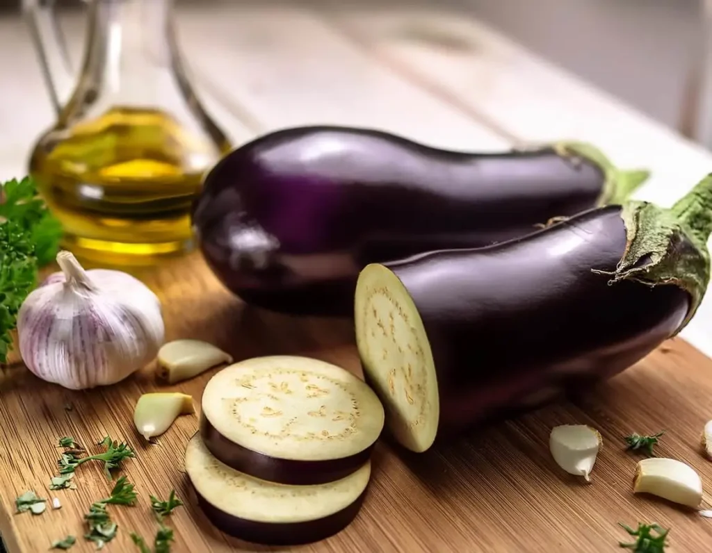 Fresh eggplant sliced on a cutting board for vegan cooking.