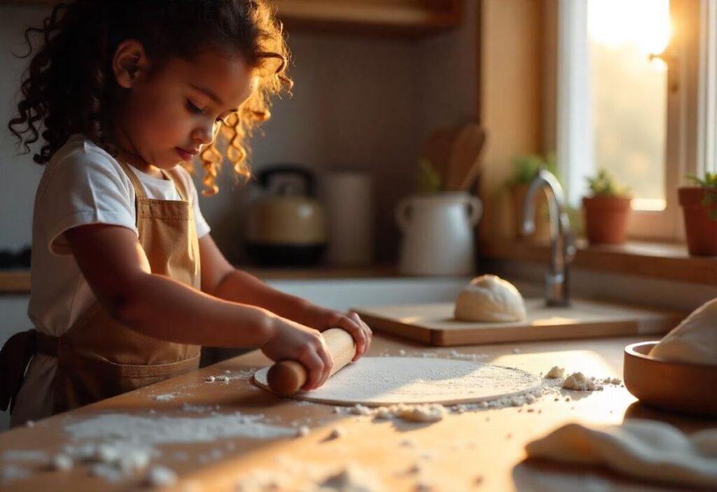 Rolling out gingerbread dough for a holiday house.