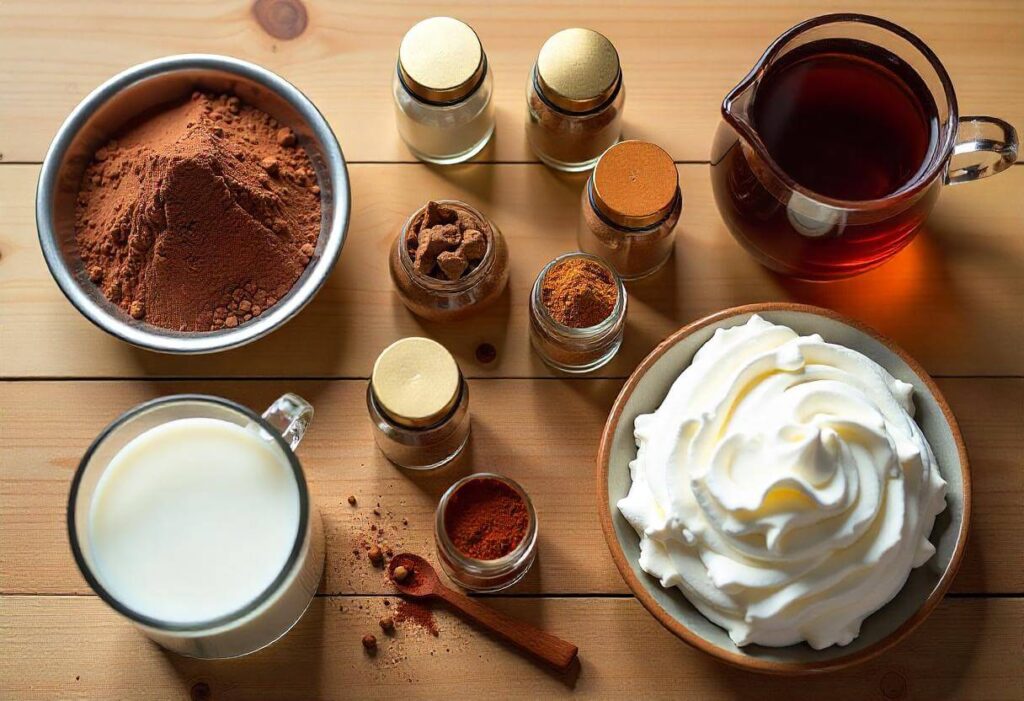 Ingredients for gingerbread hot chocolate, including cocoa powder, milk, and spices.