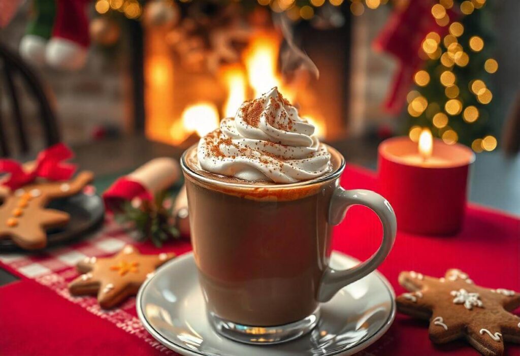 Steaming gingerbread hot chocolate with whipped cream on a holiday table.