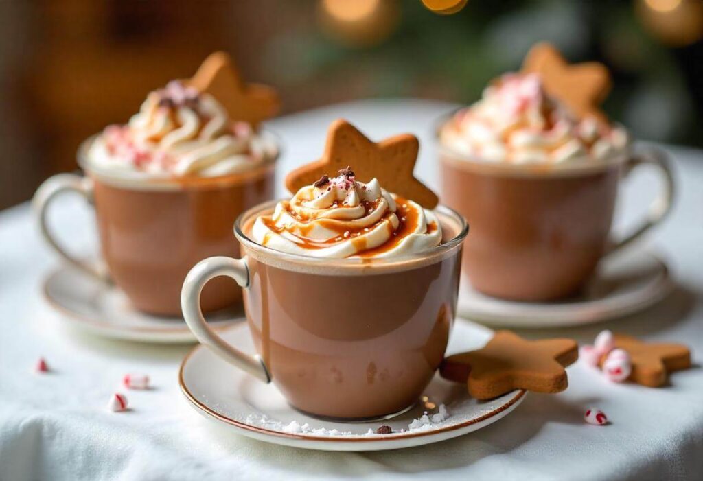 Three gingerbread hot chocolate cups with unique toppings, including caramel and candy canes.